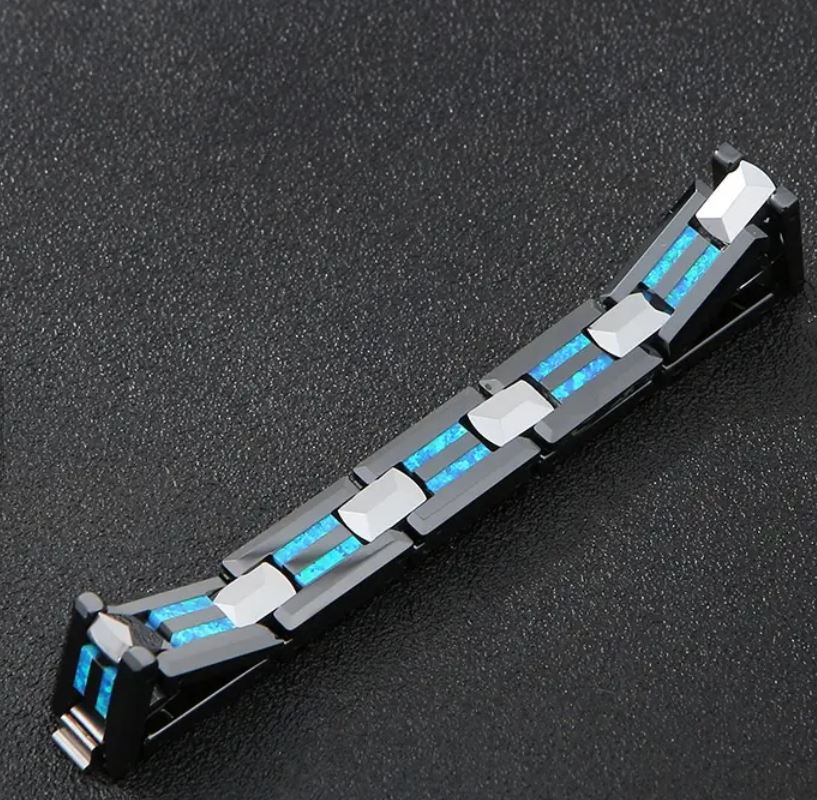 Blue Fire Opal Inlay Tungsten Bracelet